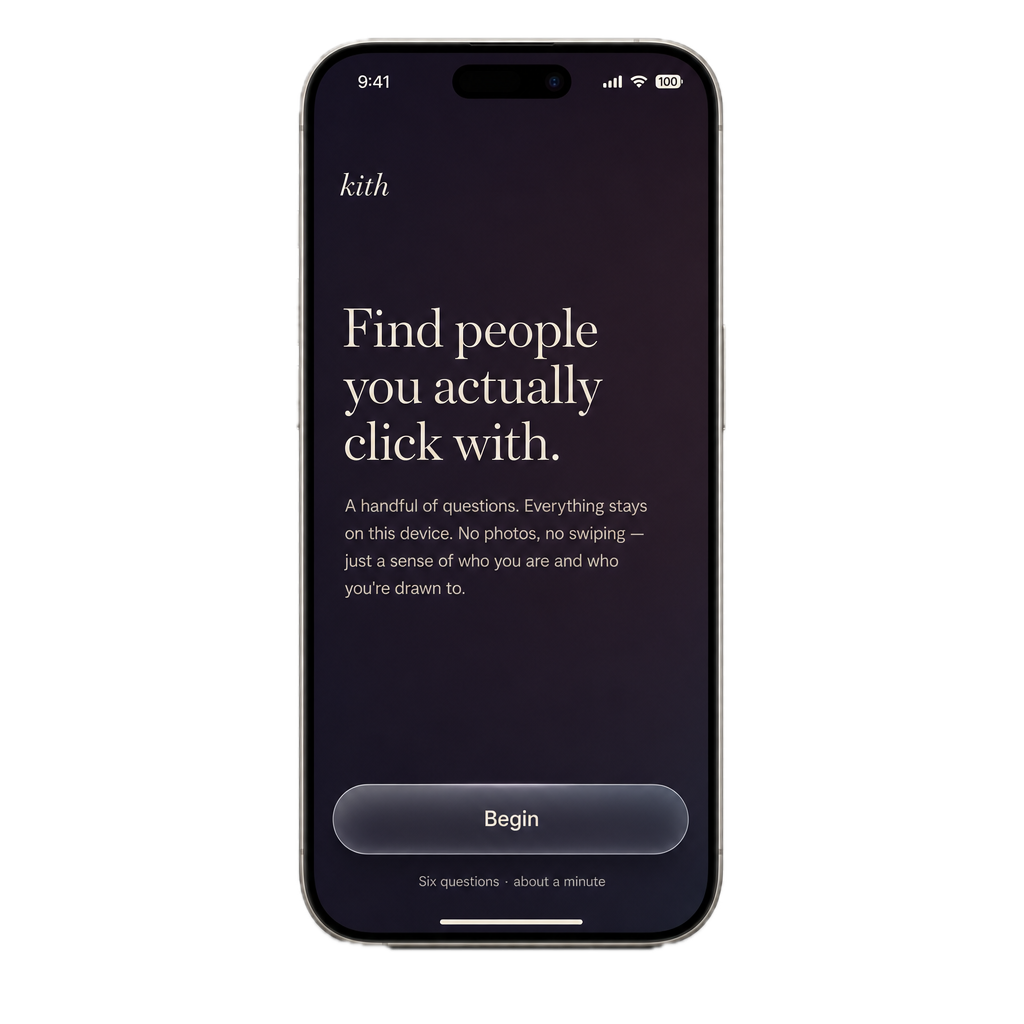 The kith app on an iPhone, showing the headline 'Find people you actually click with.'